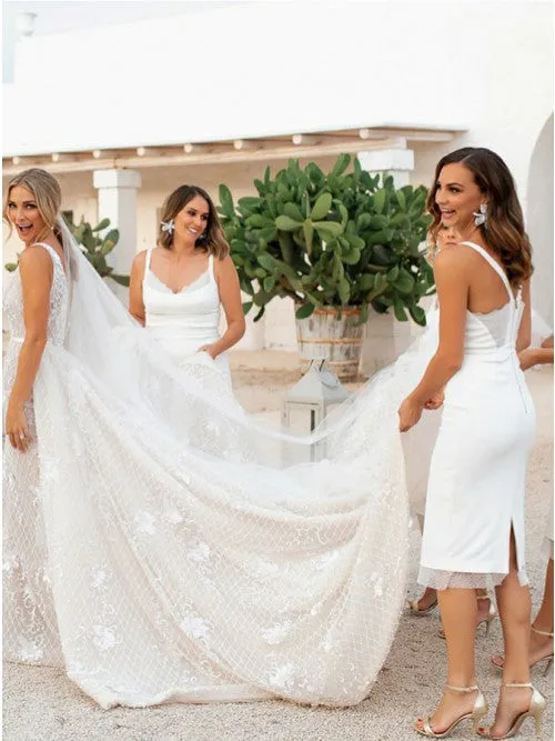 Spaghetti Straps Knee-Length Lace Cheap Bridesmaid Dress, BD1006