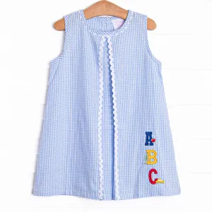 Spelling Bee Sweetie Applique Dress, Blue Gingham