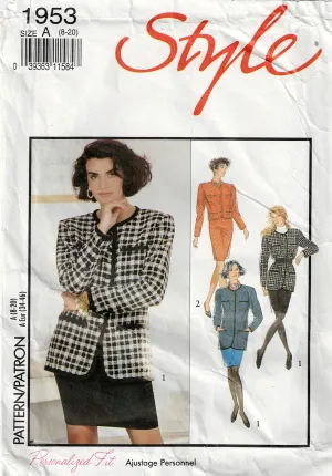 Style 1953 Womens Contrast Edged Jacket & Slim Skirt 1990s Vintage Sewing Pattern Size 8 - 20 UNCUT Factory Folded