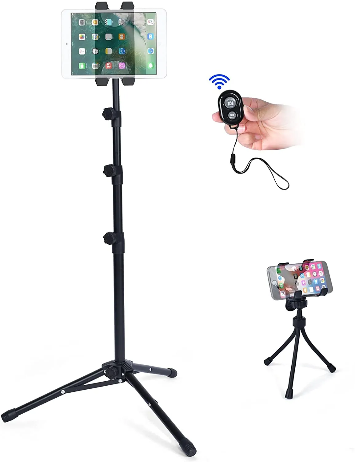 T-SIGN iPad Tripod Stand Reinforced Floor Tablet Mount, Foldable Adjustable Height for iPad Mini, iPad Air, and More 7 to 14 Inch Ipads, Phone Holder, Carrying Case, Bluetooth Remote Control