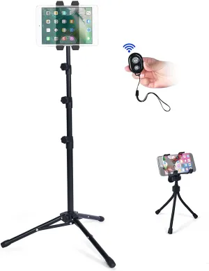 T-SIGN iPad Tripod Stand Reinforced Floor Tablet Mount, Foldable Adjustable Height for iPad Mini, iPad Air, and More 7 to 14 Inch Ipads, Phone Holder, Carrying Case, Bluetooth Remote Control