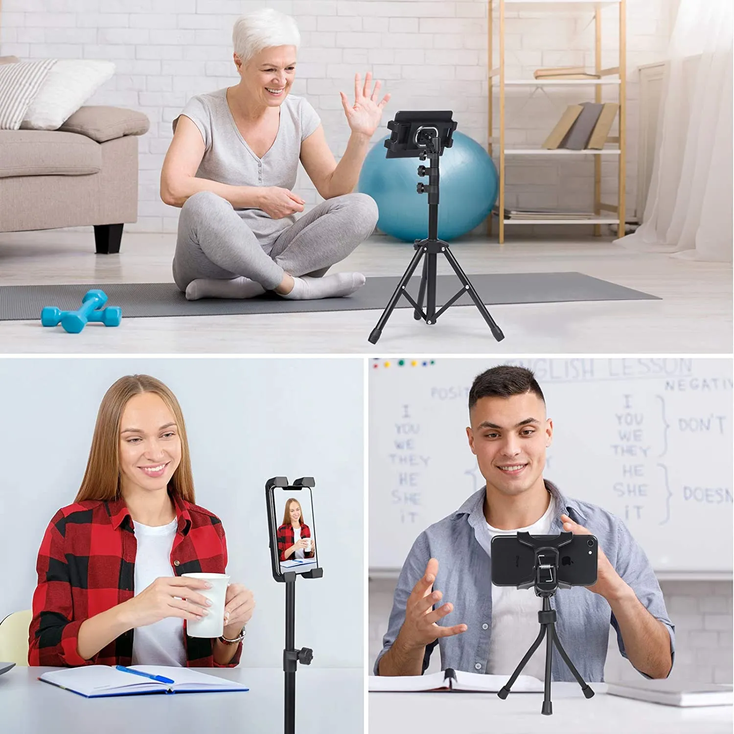 T-SIGN iPad Tripod Stand Reinforced Floor Tablet Mount, Foldable Adjustable Height for iPad Mini, iPad Air, and More 7 to 14 Inch Ipads, Phone Holder, Carrying Case, Bluetooth Remote Control