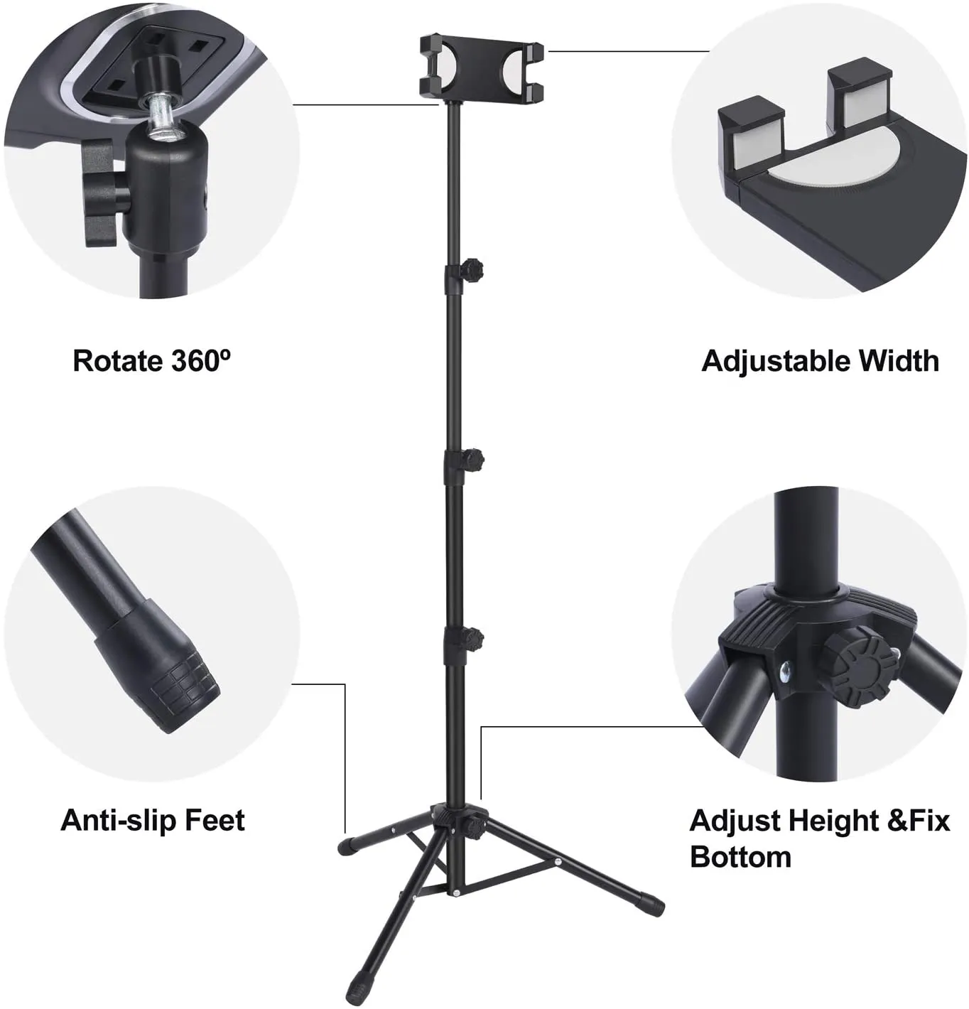 T-SIGN iPad Tripod Stand Reinforced Floor Tablet Mount, Foldable Adjustable Height for iPad Mini, iPad Air, and More 7 to 14 Inch Ipads, Phone Holder, Carrying Case, Bluetooth Remote Control
