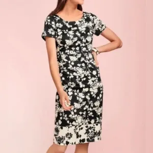 Talbots Black and White Floral Sheath Dress Fitted Cap Sleeves 12