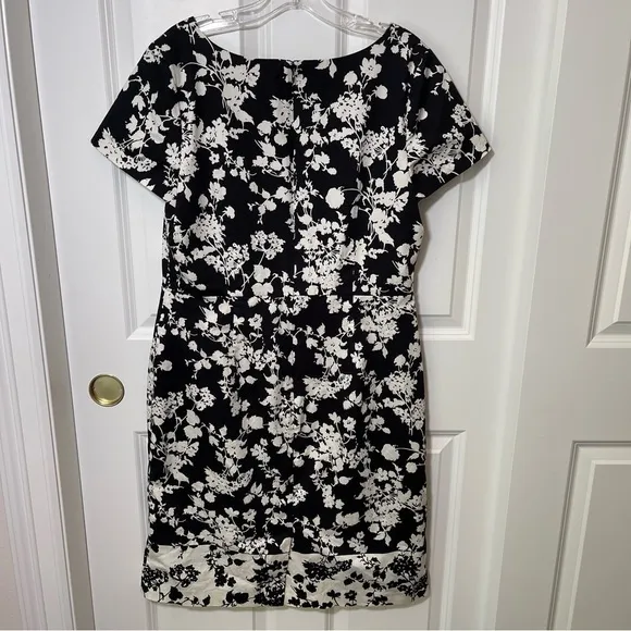 Talbots Black and White Floral Sheath Dress Fitted Cap Sleeves 12