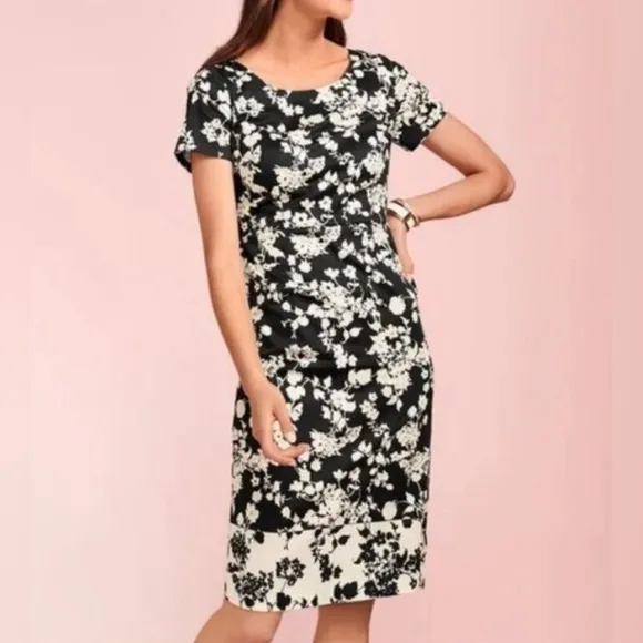Talbots Black and White Floral Sheath Dress Fitted Cap Sleeves 12