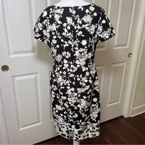 Talbots Black and White Floral Sheath Dress Fitted Cap Sleeves 12