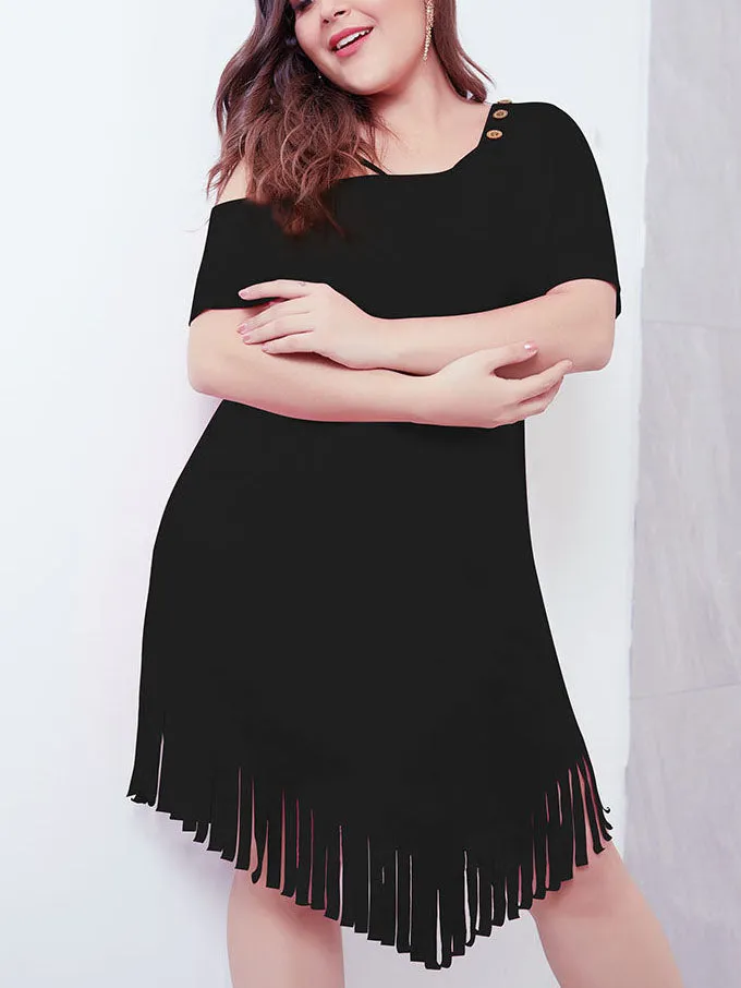 Tasseled Hem Skirt Slanted Shoulder Short Sleeves Waist Large Size Women's Dress