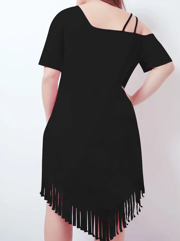 Tasseled Hem Skirt Slanted Shoulder Short Sleeves Waist Large Size Women's Dress