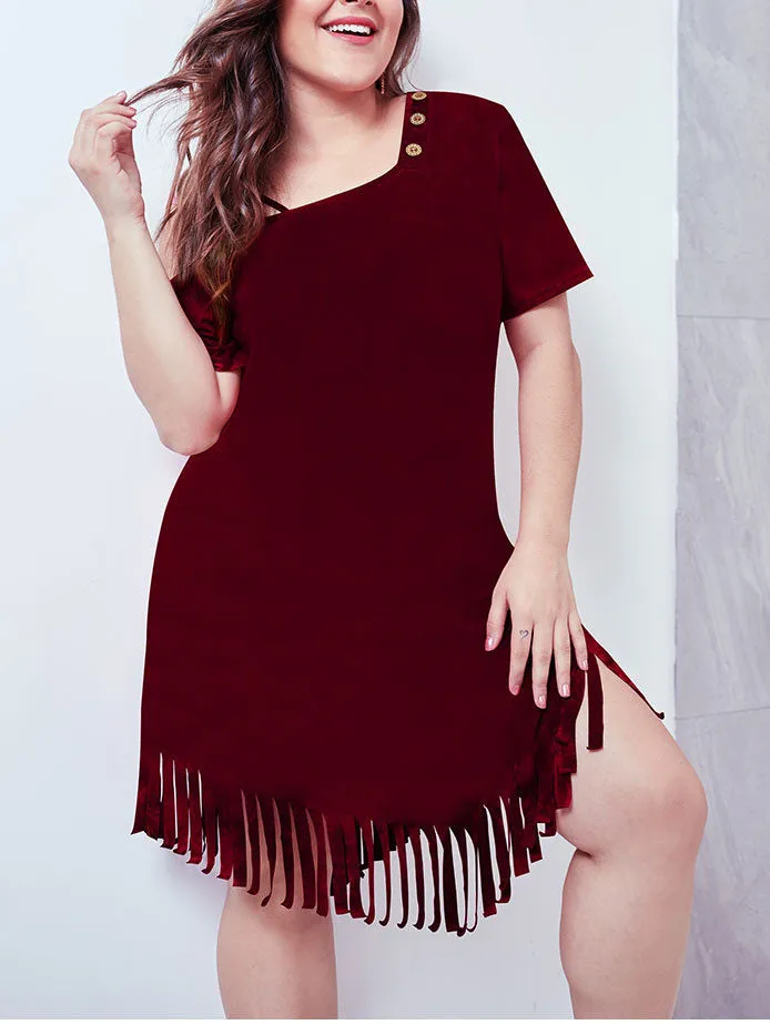 Tasseled Hem Skirt Slanted Shoulder Short Sleeves Waist Large Size Women's Dress