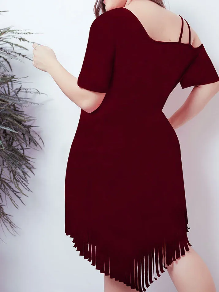 Tasseled Hem Skirt Slanted Shoulder Short Sleeves Waist Large Size Women's Dress