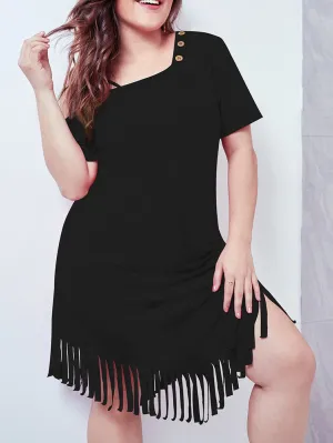 Tasseled Hem Skirt Slanted Shoulder Short Sleeves Waist Large Size Women's Dress