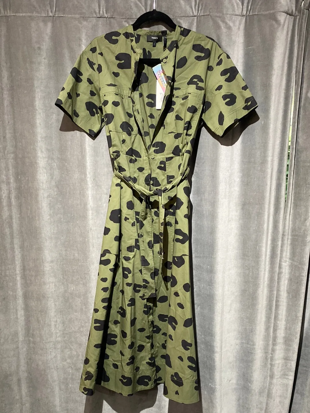 Theory Short Sleeve Button Down Belted Green and Black A Line Midi Dress