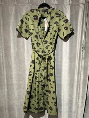 Theory Short Sleeve Button Down Belted Green and Black A Line Midi Dress