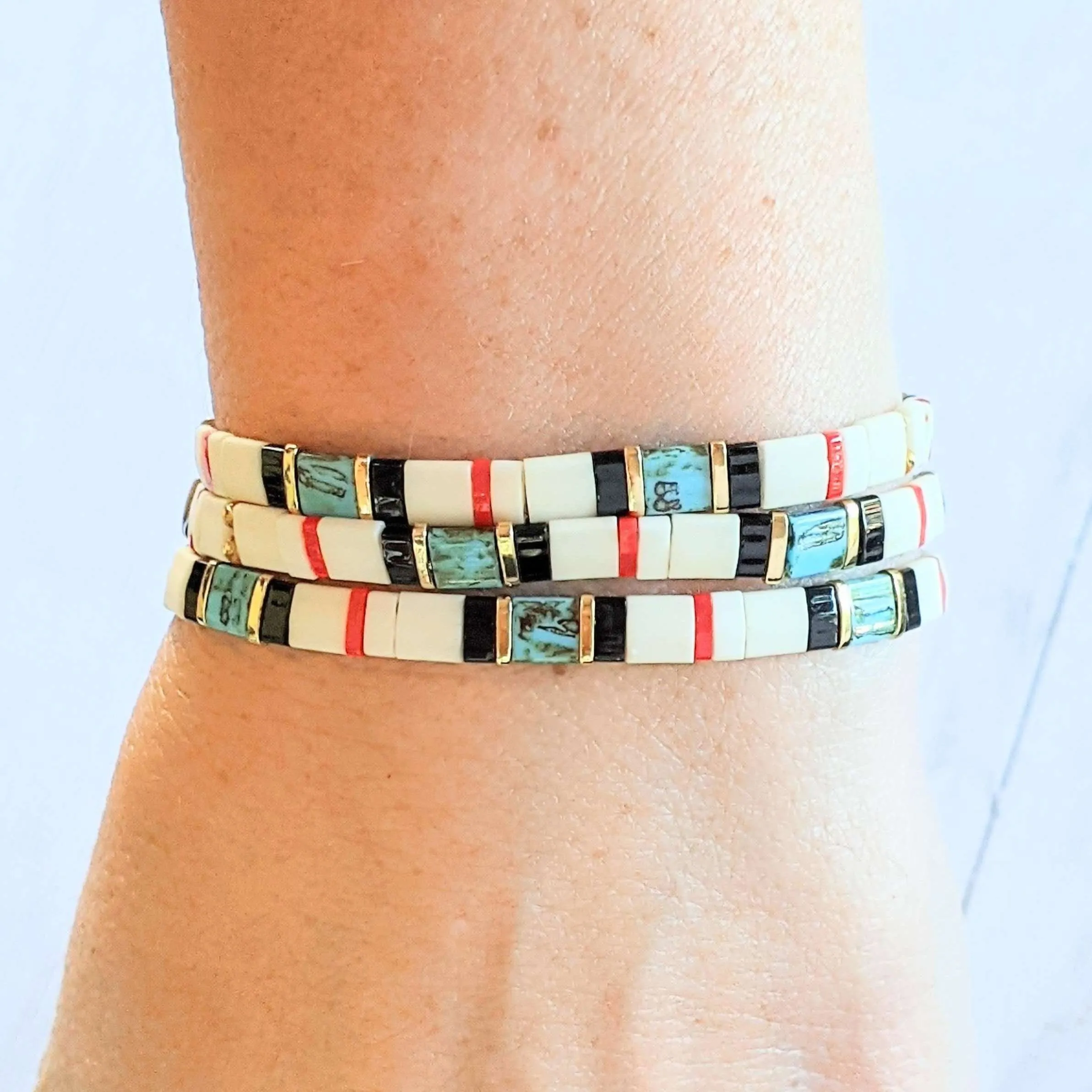 Turquoise Dream Miyuki Tila Bead Stretch Bracelet