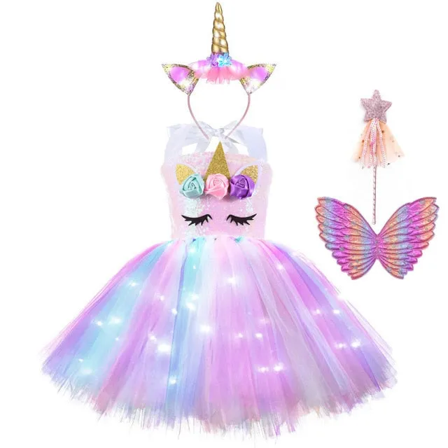 Unicorn Girls Dress With LED Light