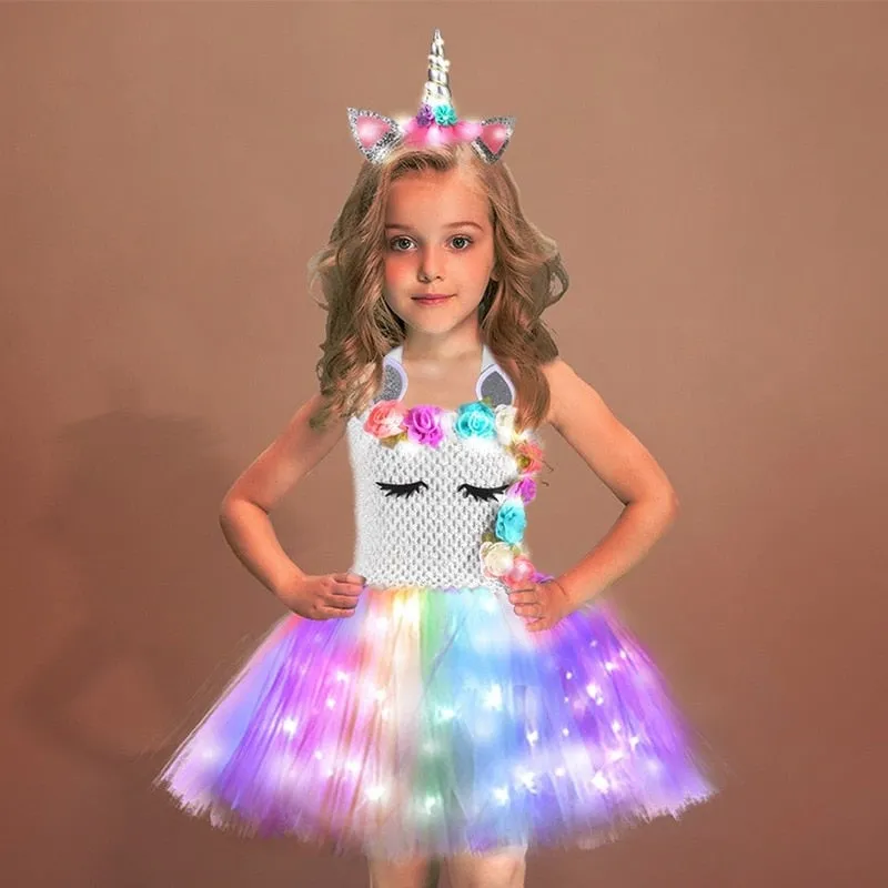 Unicorn Girls Dress With LED Light