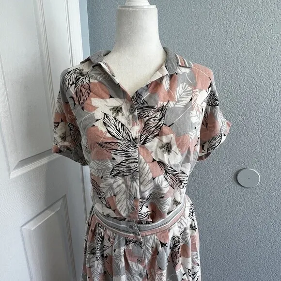 Vintage Koret Tropical Hemp Blend Button Down Top And MIDI Skirt Set 16/18