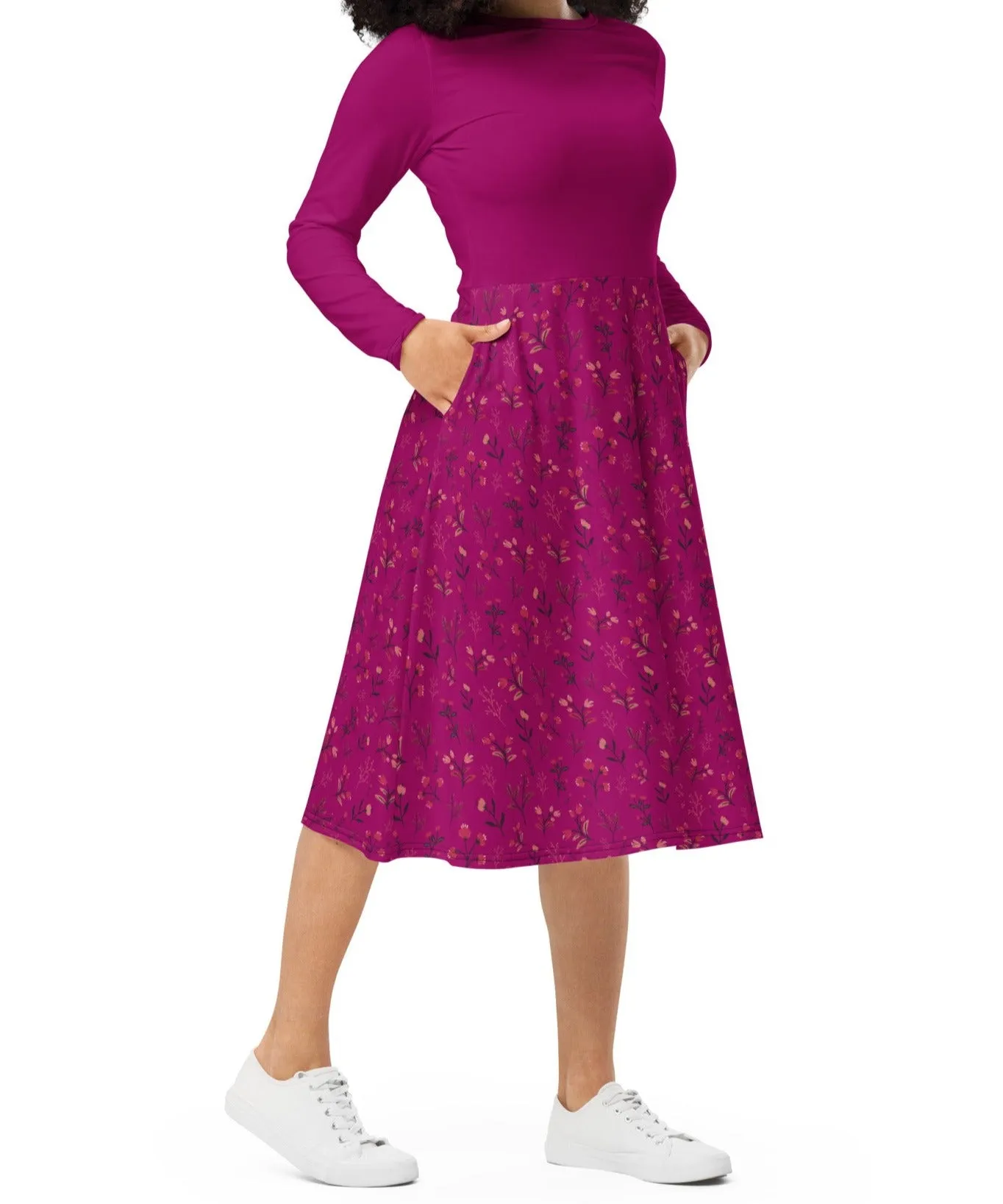Viva Magenta Floral Long Sleeve Midi Dress (S-4XL)