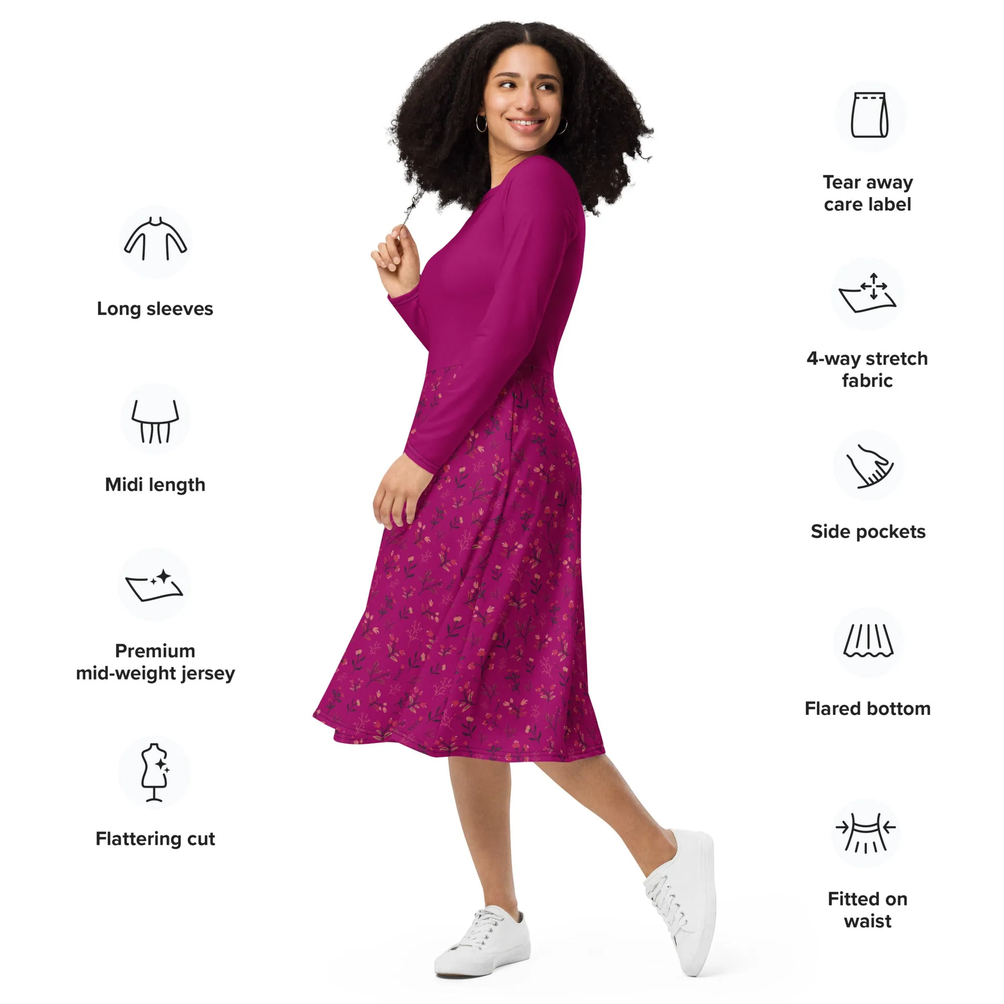 Viva Magenta Floral Long Sleeve Midi Dress (S-4XL)