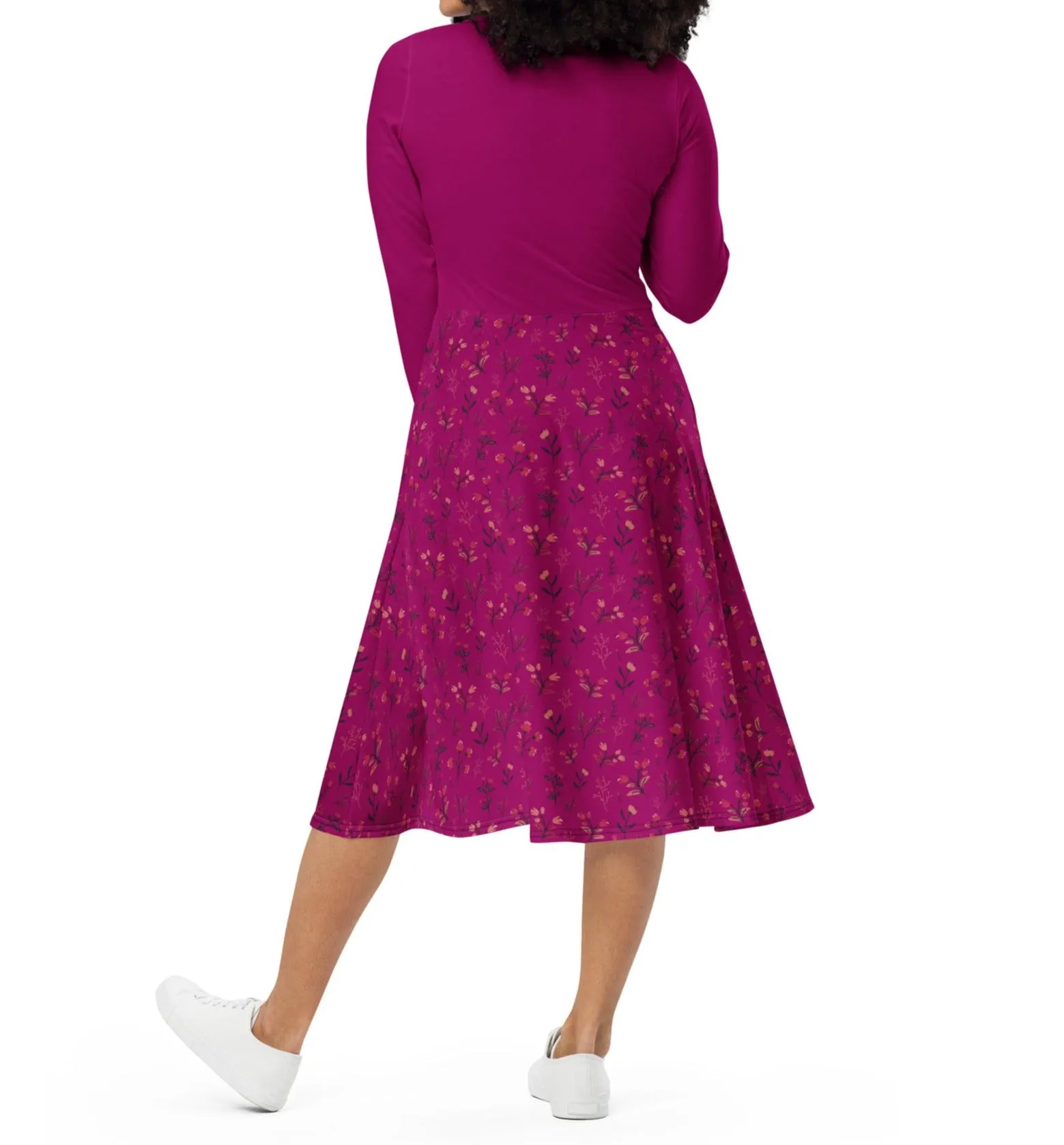 Viva Magenta Floral Long Sleeve Midi Dress (S-4XL)