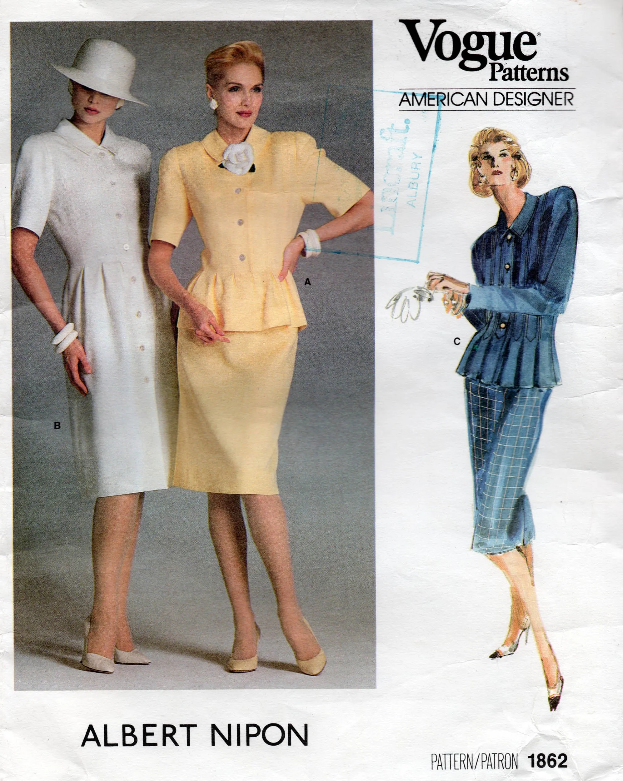 Vogue American Designer 1862 ALBERT NIPON Womens Pleat Front Dress Peplum Top & Skirt 1980s Vintage Sewing Pattern Size 10
