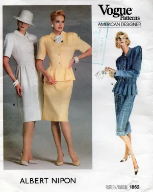 Vogue American Designer 1862 ALBERT NIPON Womens Pleat Front Dress Peplum Top & Skirt 1980s Vintage Sewing Pattern Size 10