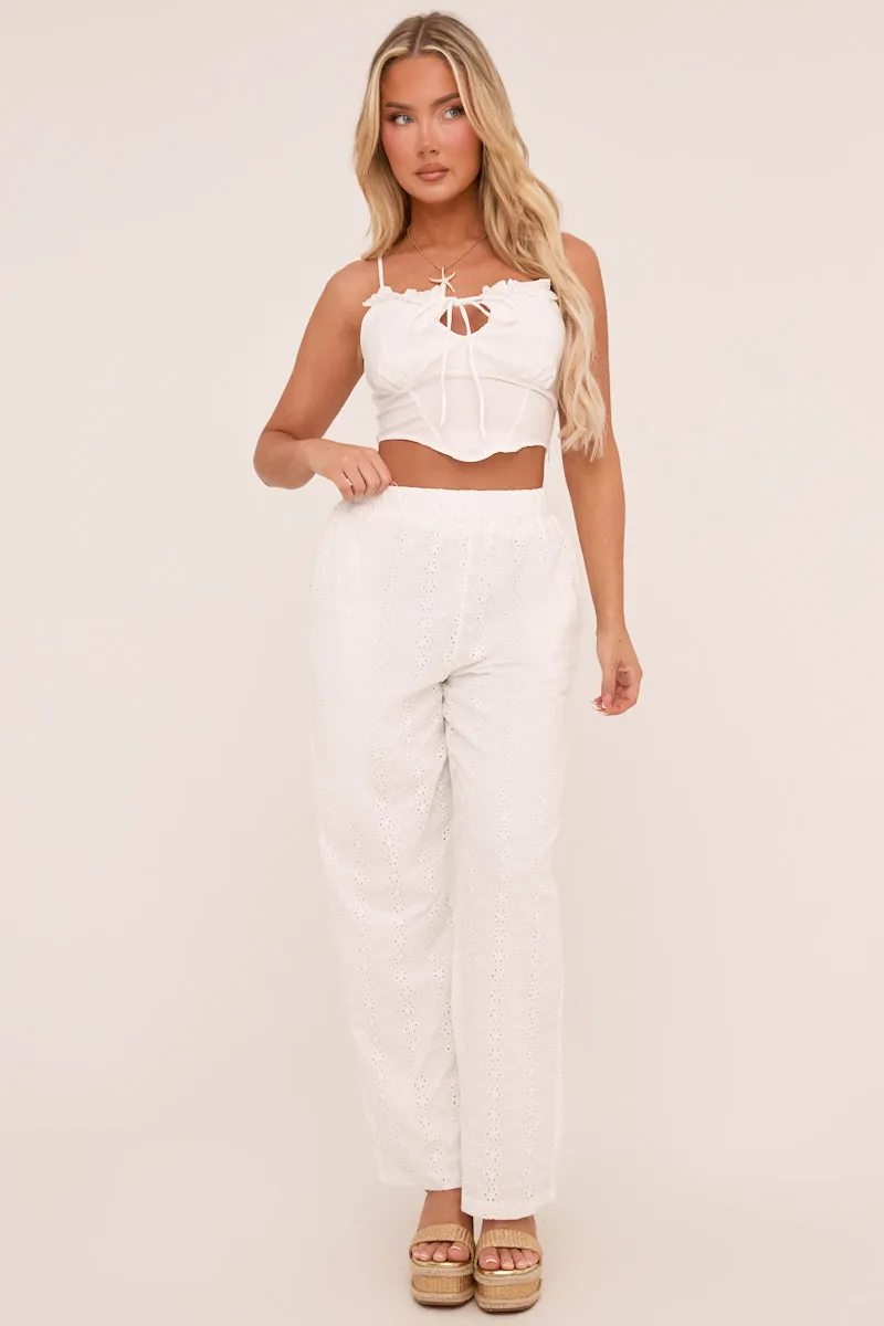 White Broderie Anglaise Straight Leg Trousers - Astrid