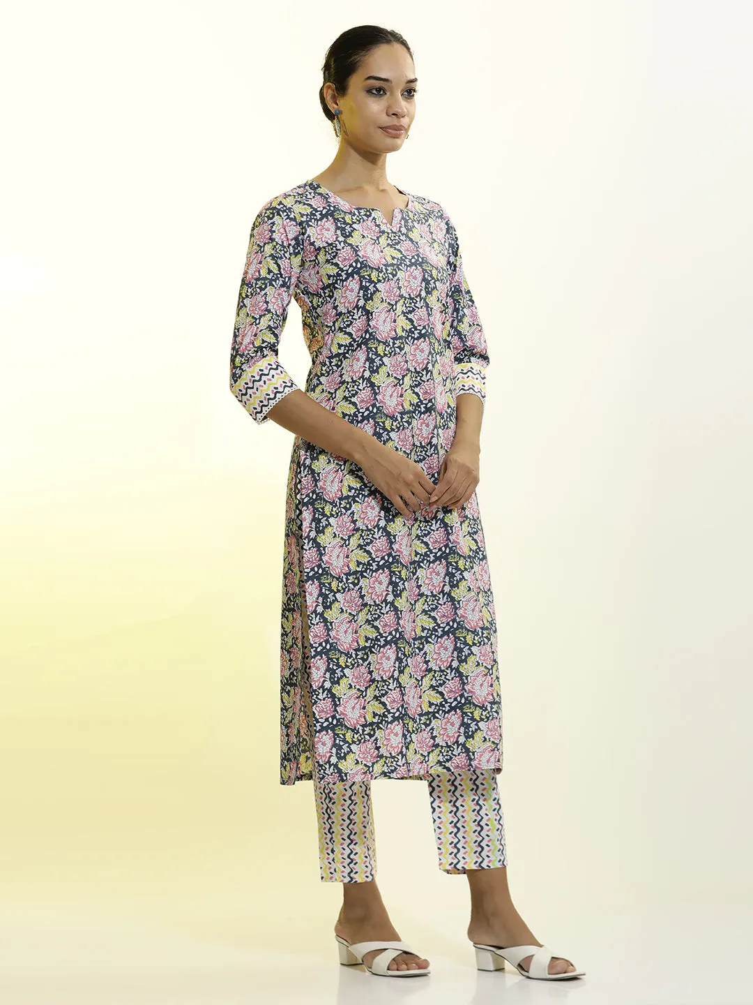White Floral Printed Cotton Straight Kurta Set