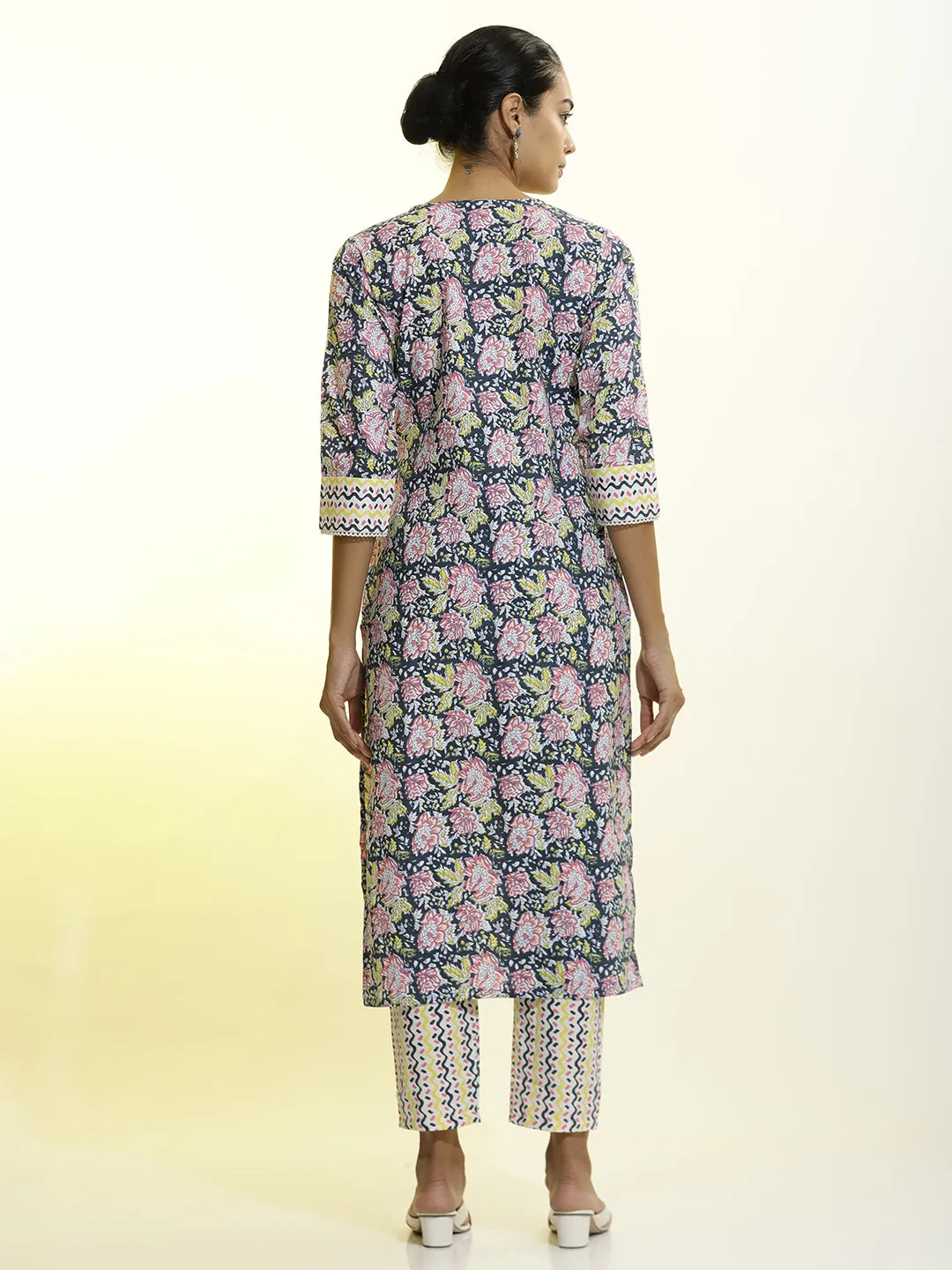 White Floral Printed Cotton Straight Kurta Set