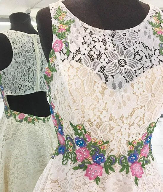 White Lace Short Prom Dresses, Floral Appliques homecoming dress OKP60