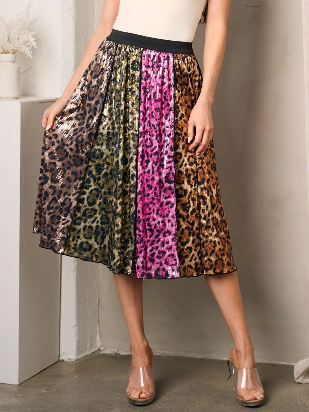 WOMEN'S ANIMAL PRINT SEQUINS MULTI COLOR MIDI SKIRT