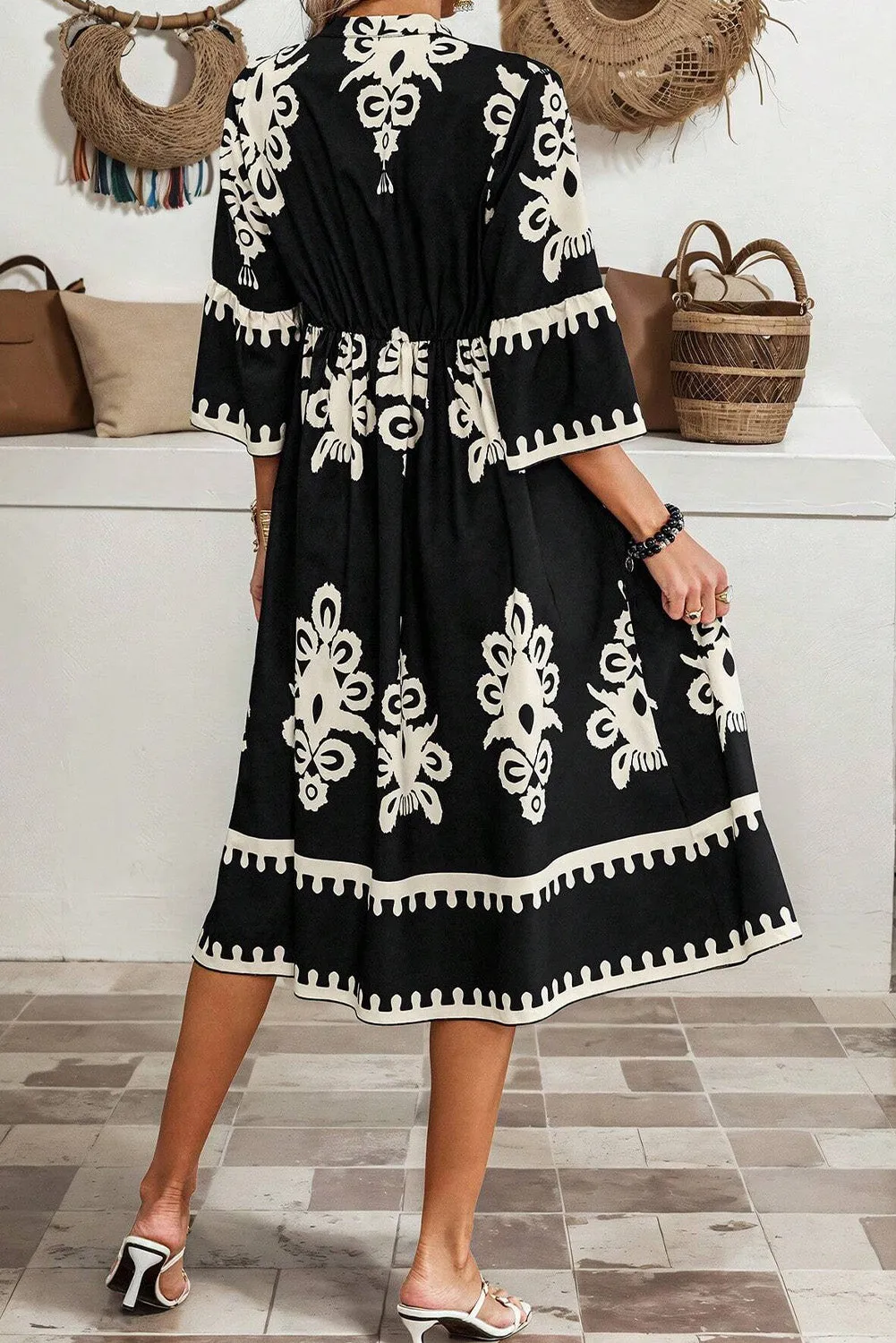Womens Black Western Geometric Print 3/4 Sleeve Loose Midi Dress