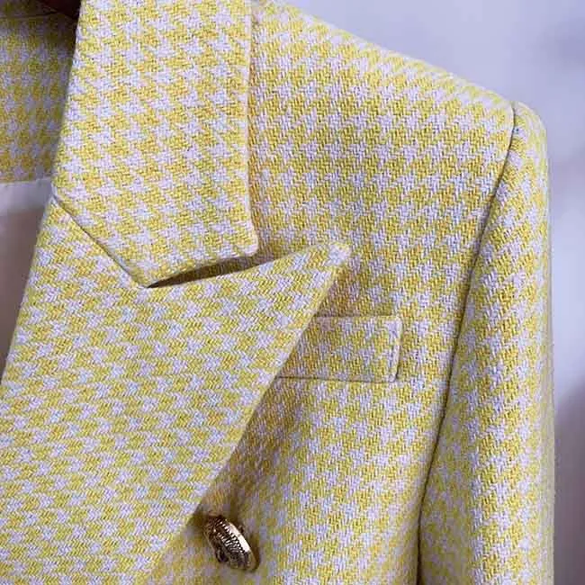 Women's Fitted Gold Lion Buttons Fitted Jacket Yellow Houndstooth Check Blazer