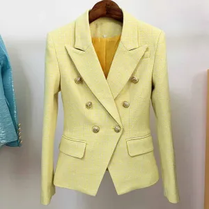 Women's Fitted Gold Lion Buttons Fitted Jacket Yellow Houndstooth Check Blazer