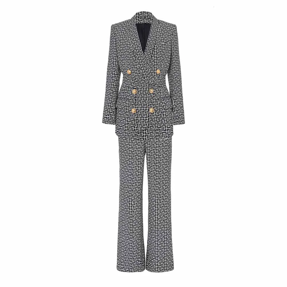 Women's Golden Buttons Abstract Pattern Fitted Pantsuit With Belt