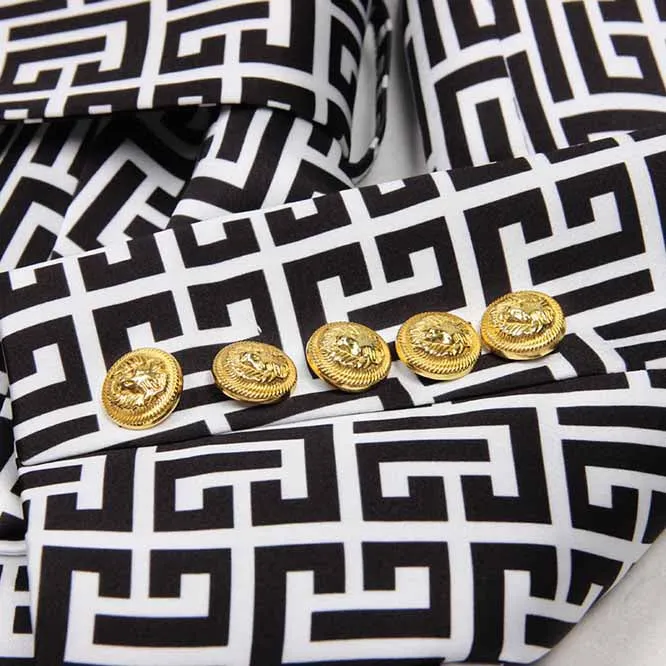 Women's Golden Buttons Abstract Pattern Fitted Pantsuit With Belt