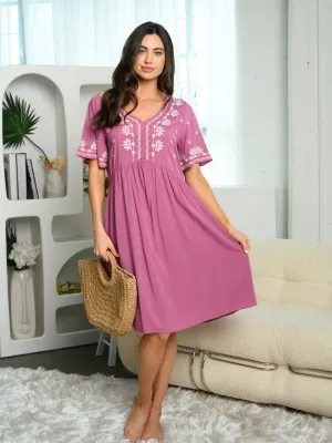WOMEN'S SHORT SLEEVE EMBROIDERY MIDI DRESS