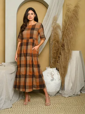 WOMEN'S SHORT SLEEVE PLAID TIERED MIDI DRESS